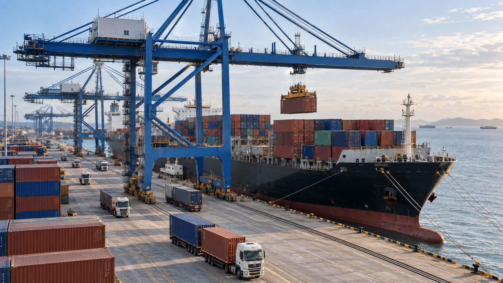 Illustrative cargo port with cranes loading shipping containers onto an ocean-going vessel