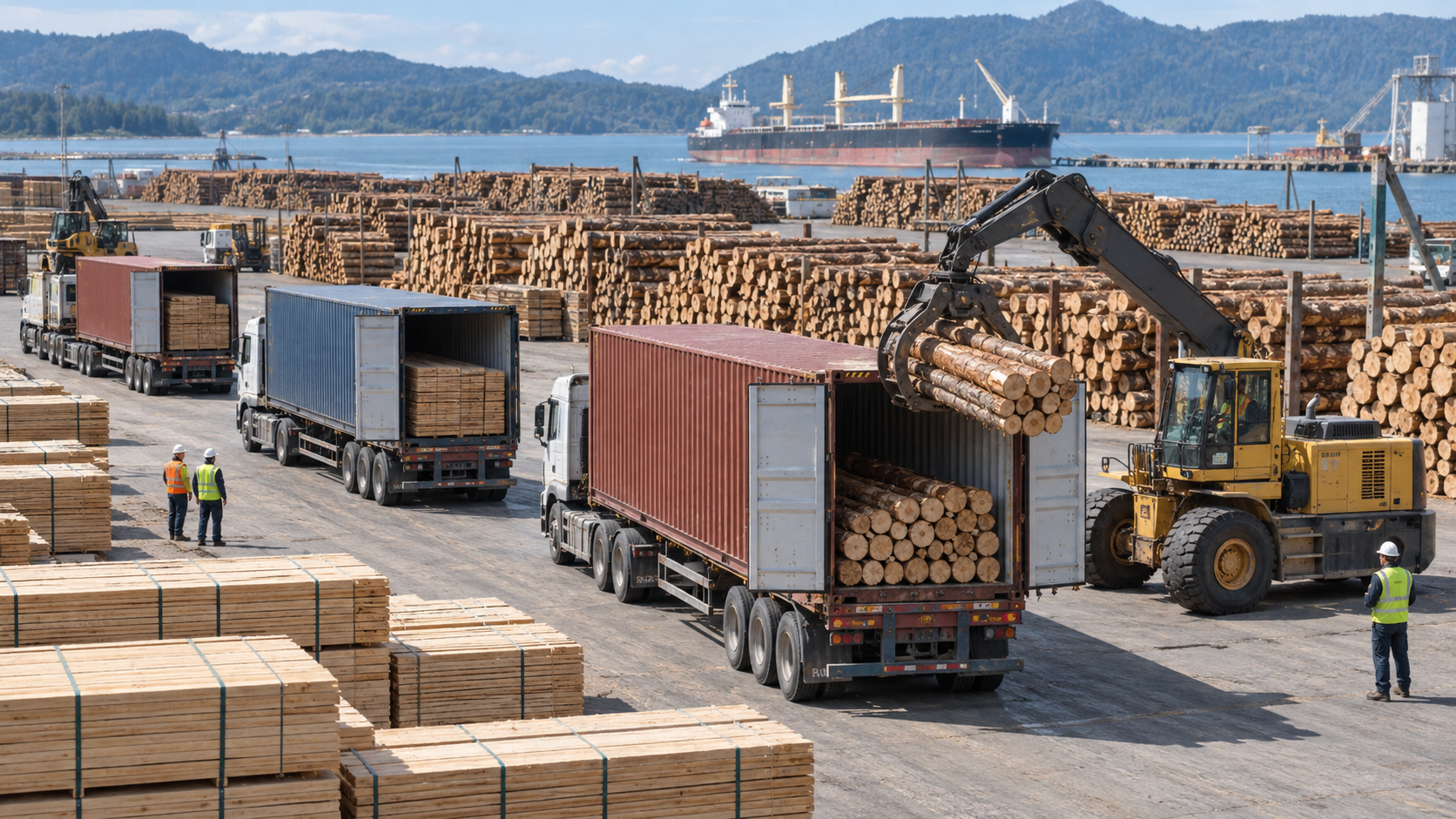 Illustrative timber yard with stacked logs, container trucks, and equipment loading timber for export